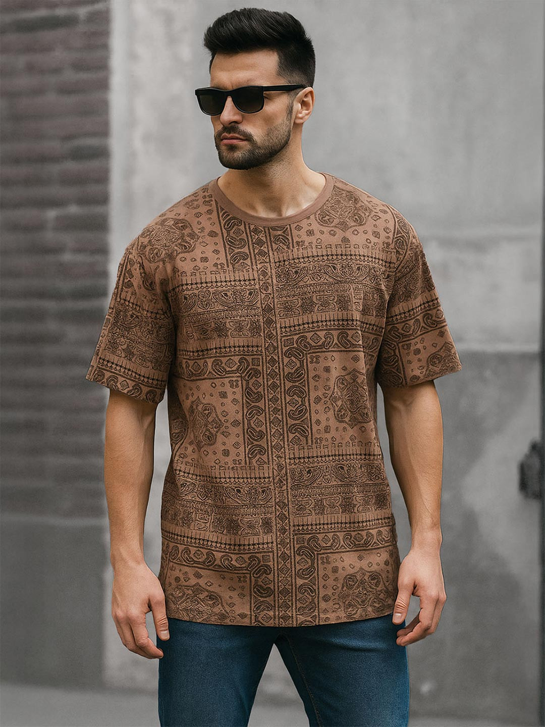 VEIRDO Men Beige All Over Paisly Printed Pure Cotton Oversized T-shirt