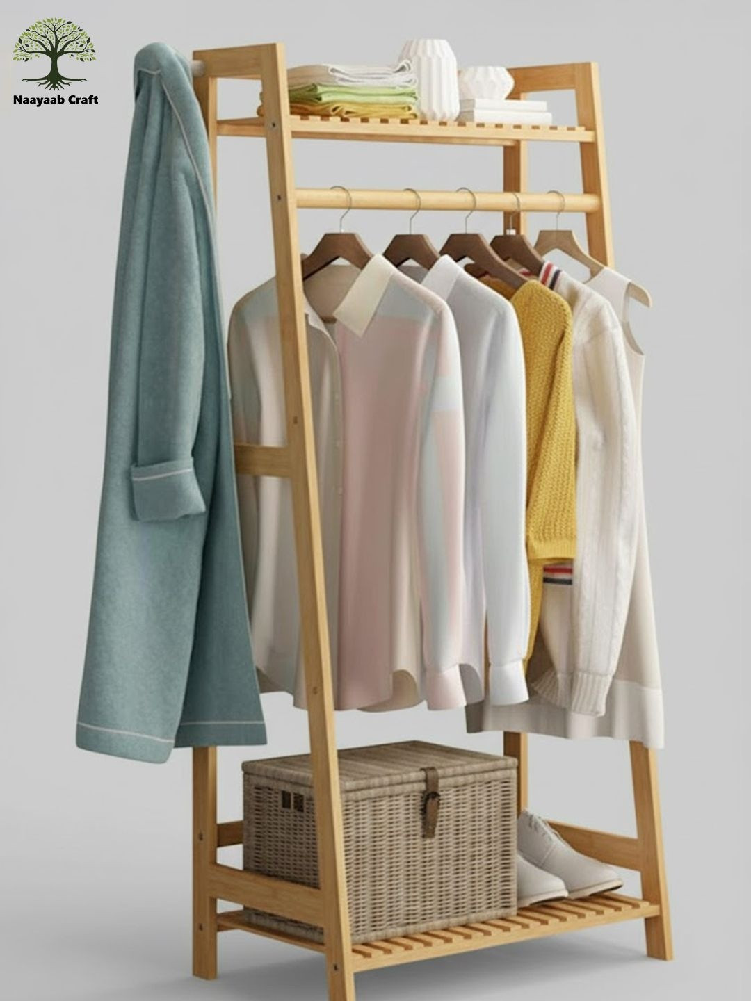 Naayaab Craft Beige Bamboo Super Strong Clothes Rack Stand Multi-Utility Organiser