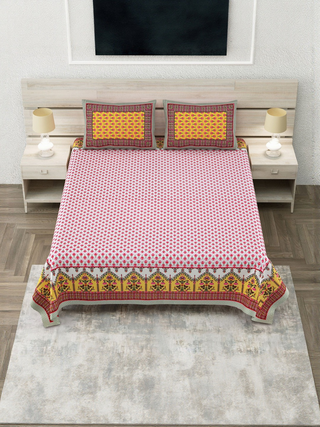 SP DESIGNS White & Pink Floral Pure Cotton 240 TC Super King Bedsheet Set-2.74 m X 2.74 m