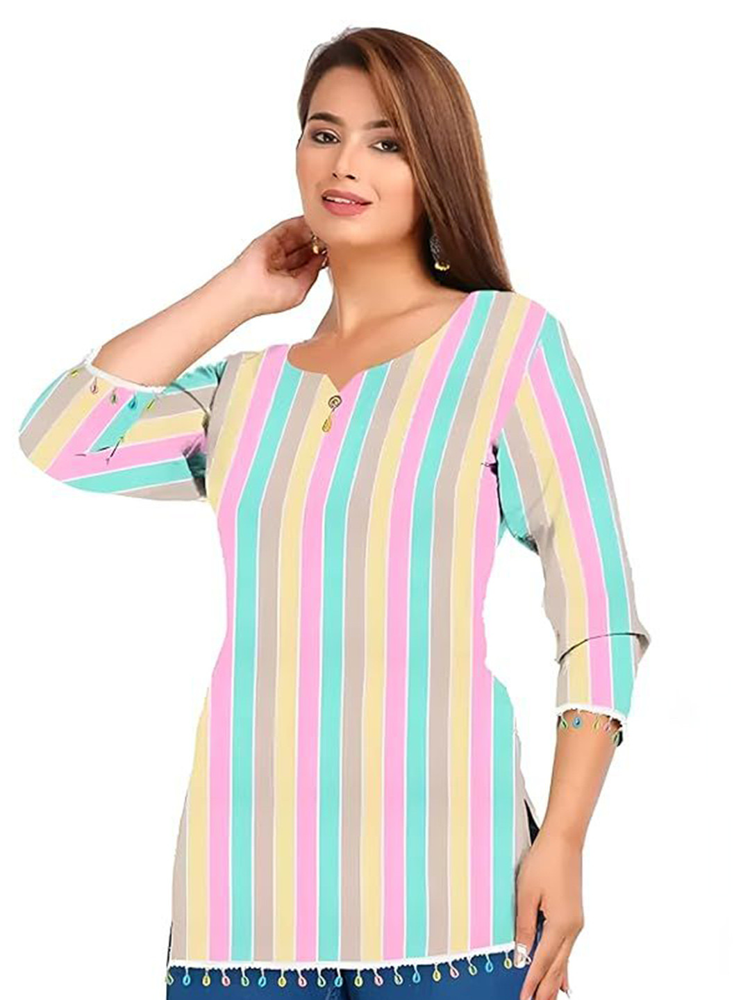 REHMAT TEXTILE Striped Notch Neck Pure Cotton Straight Kurti