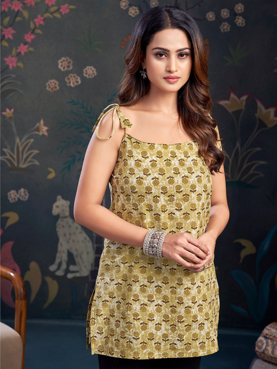 Kaftanize Mustard & Brown Floral Printed Pure Cotton Tie-Knot Shoulder Short Kurti