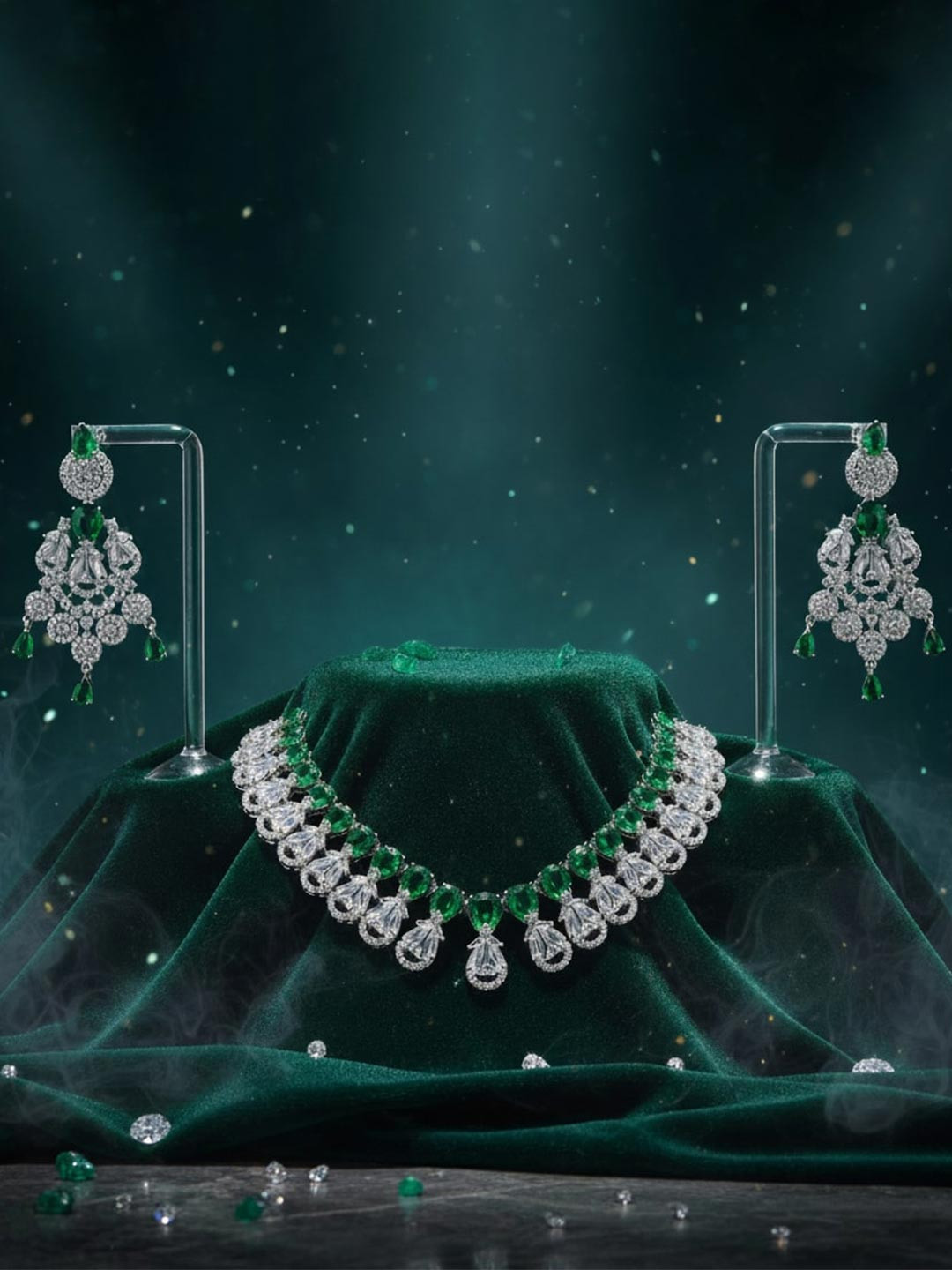 Opal Touch Blooming Elegance Rhodium-Plated Cubic Zirconia Stone-Studded Jewellery Set