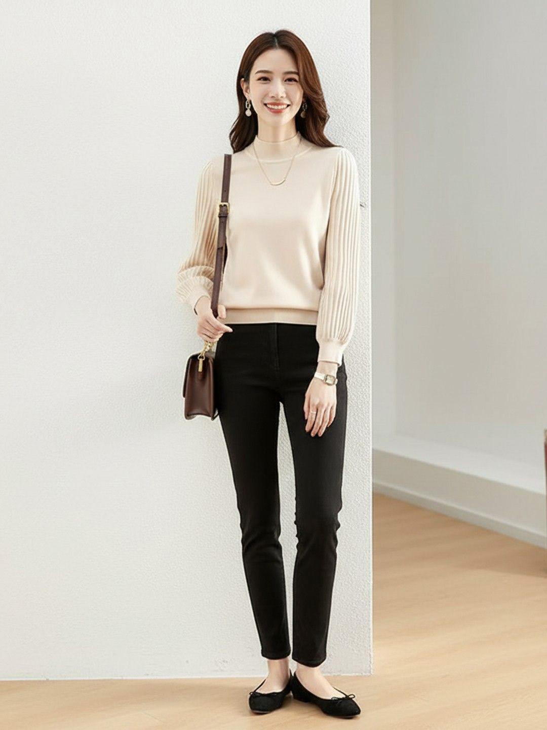 HERE&NOW Women Cream Solid Long Sleeves Sweaters