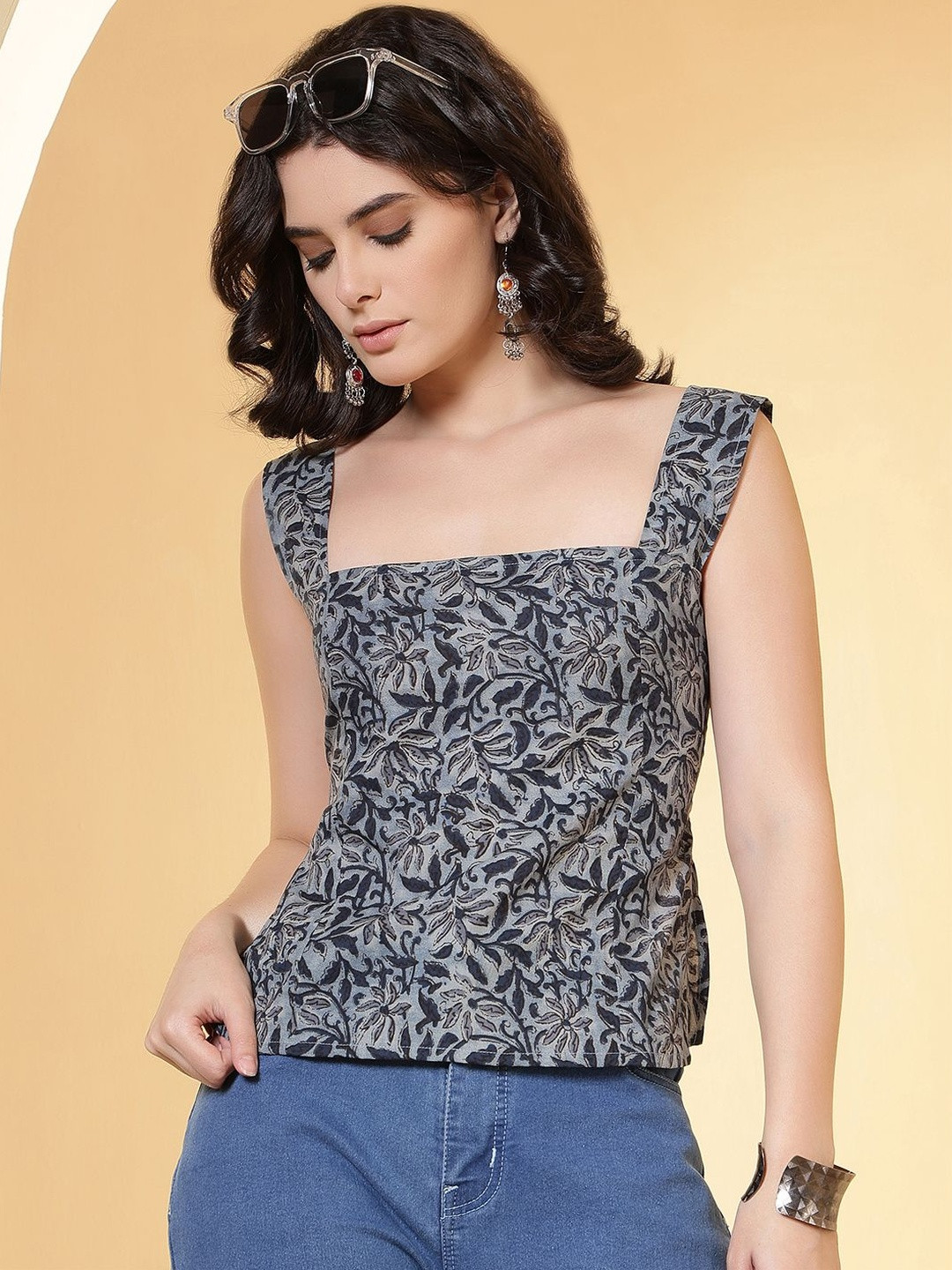 KEIYONA Women Floral Printed Cotton Ethnic Regular Top