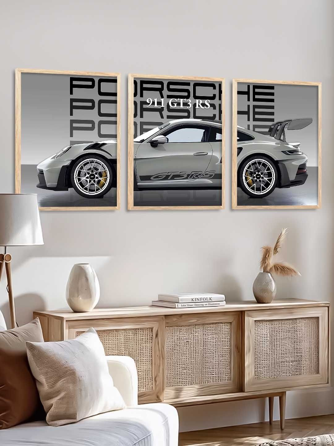 WALLLANE Grey And Black 3 Pieces Wooden Sports Car Framed Wall Photographs