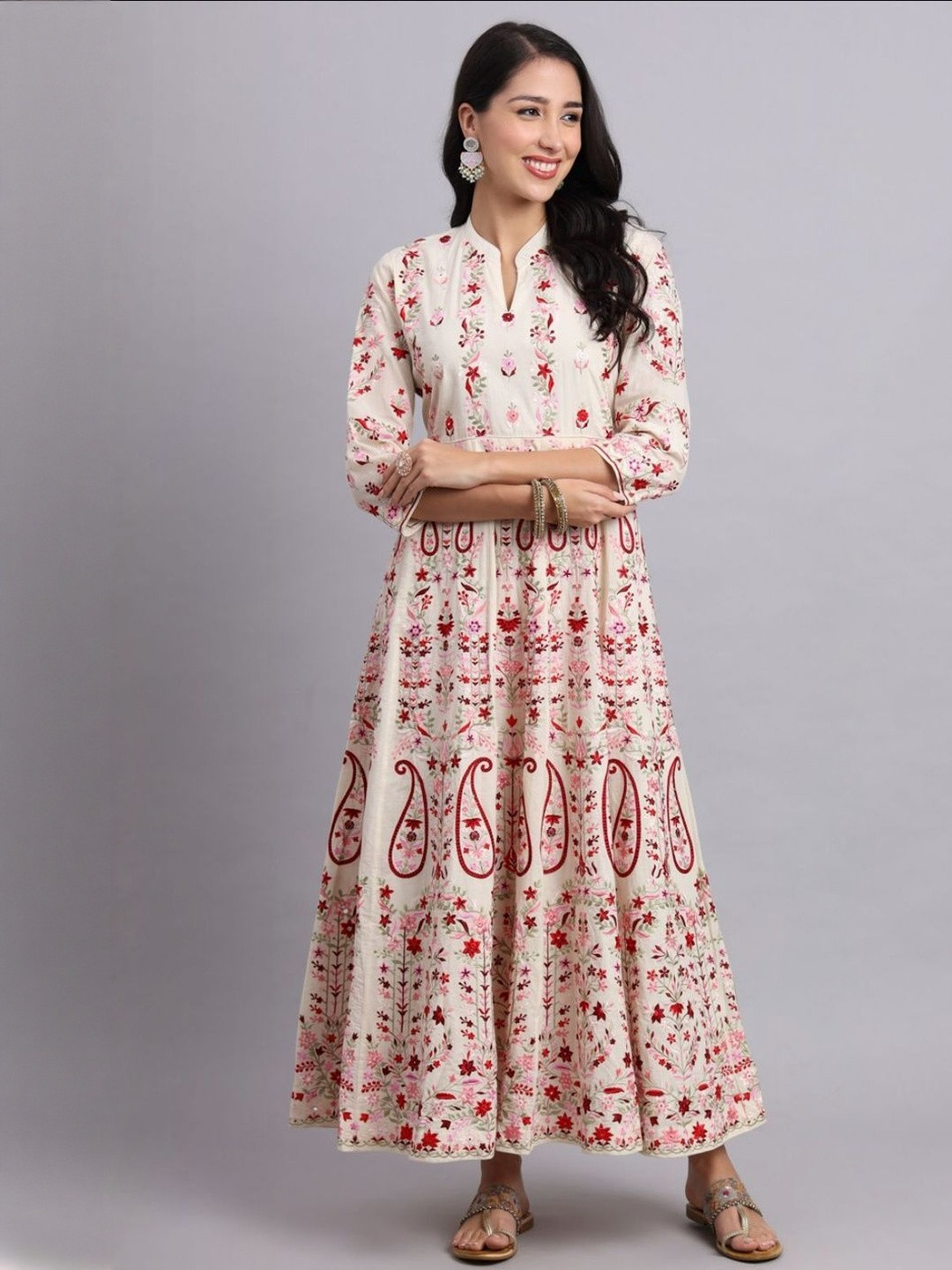 Charkha Silk Women Fit & Flared Mandarin Collar Ethnic Dresses