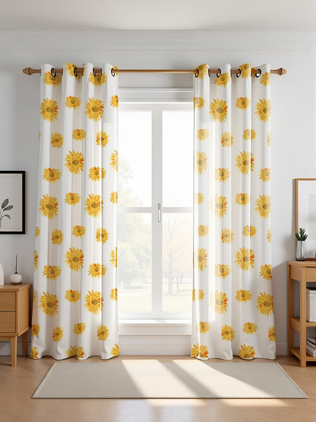 HOMEMONDE Yellow & White Pack of 2 Sunflower Printed Cotton Room Darkening Window Curtains