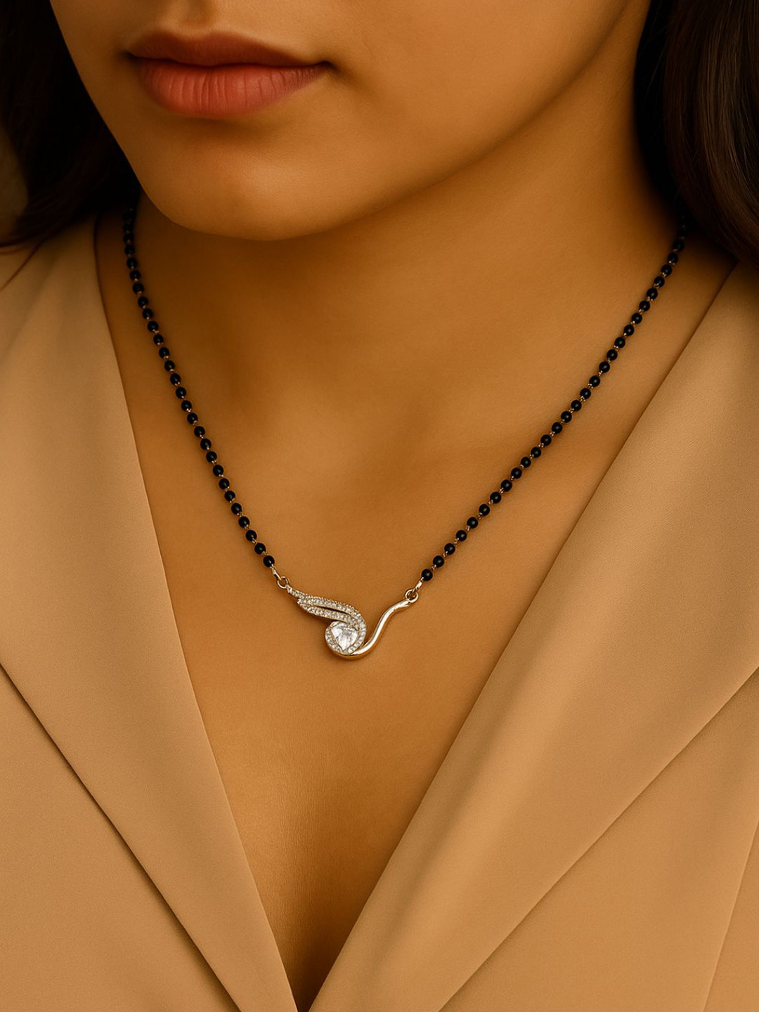 I Jewels Rhodium Plated Black AD Studded Mangalsutra