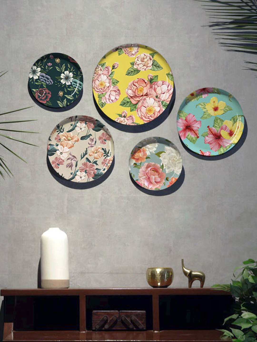 DESSINE ART Yellow & Green 5 Pieces Botanical Symphony Metal Wall Plates