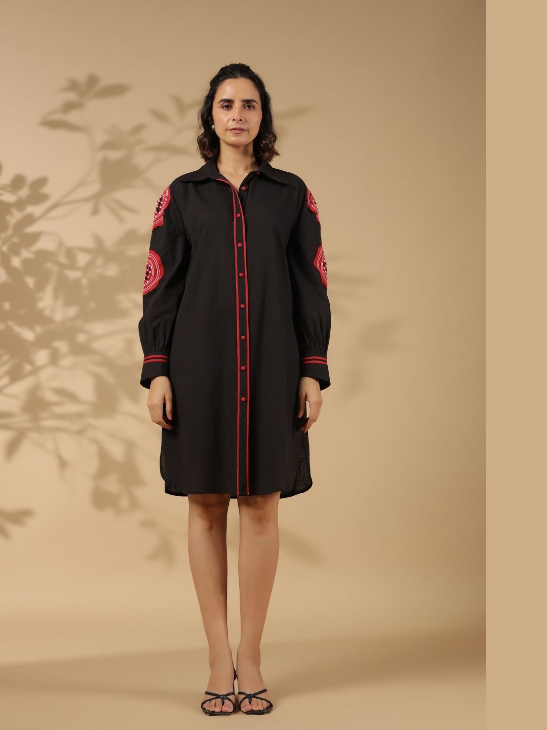Kaftanize Women Shirt Collar Patch Embroidered Cotton Shirt Dress