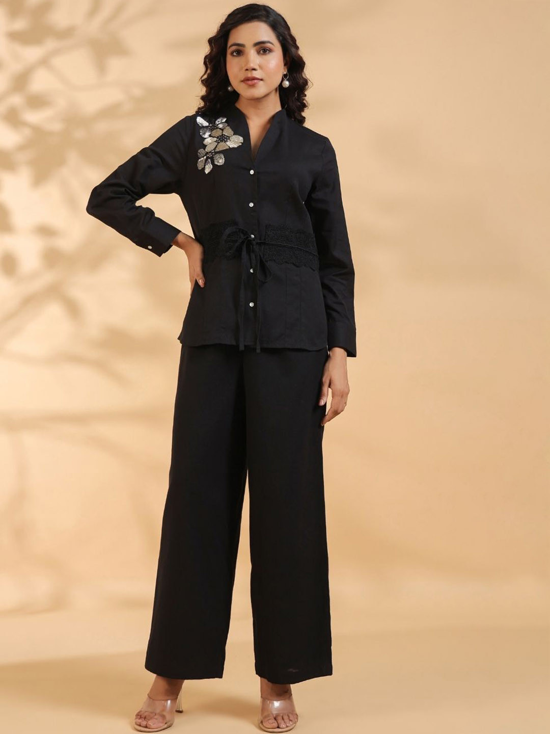 Kaftanize Women Black Beaded Flower Motif Co-Ords