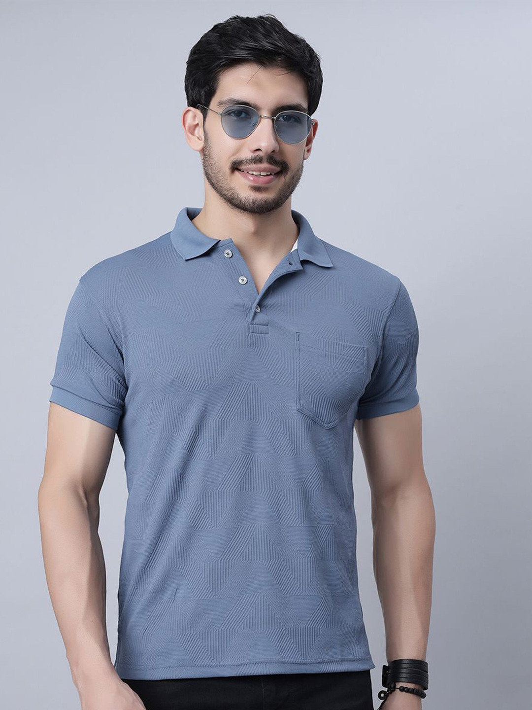 BLUWEEA Mens Solid Slim Fit Blue Raw Edge Polo Collar Cotton Blend Jacquard T-shirt