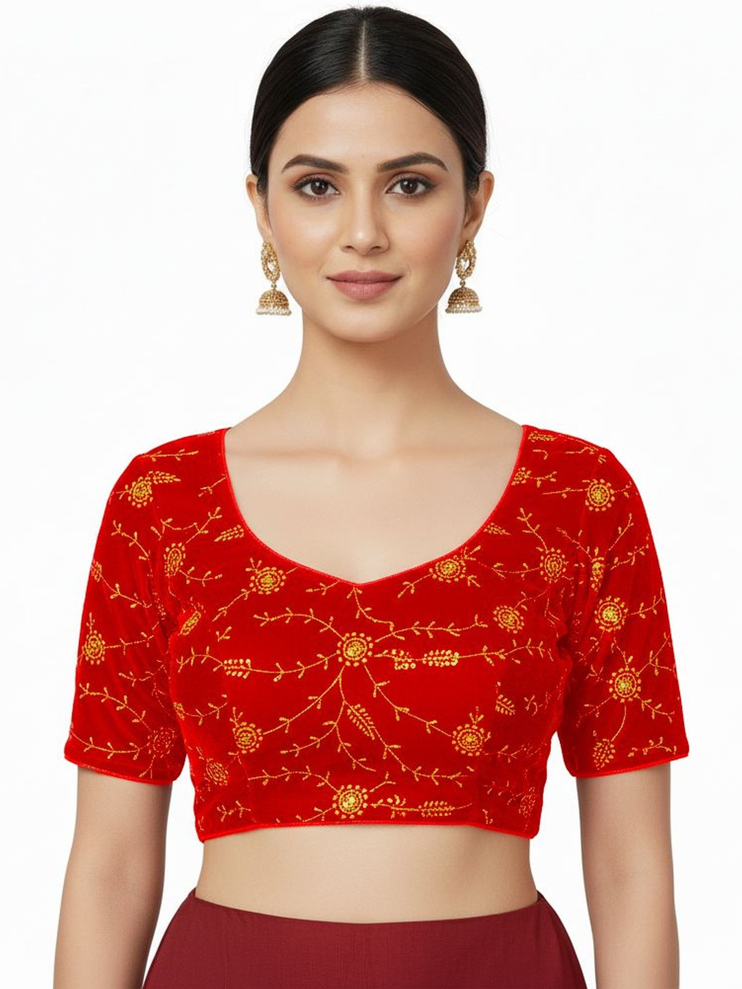 PU FASHION Women Red Velvet Embroidered Stretchable Readymade Saree Blouse