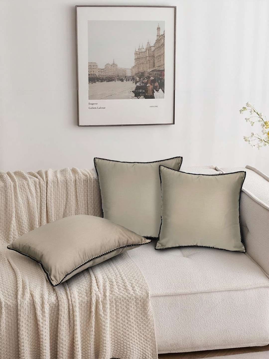 Attica Tracery Beige & Black 2 Pieces Cotton Square Cushion Covers