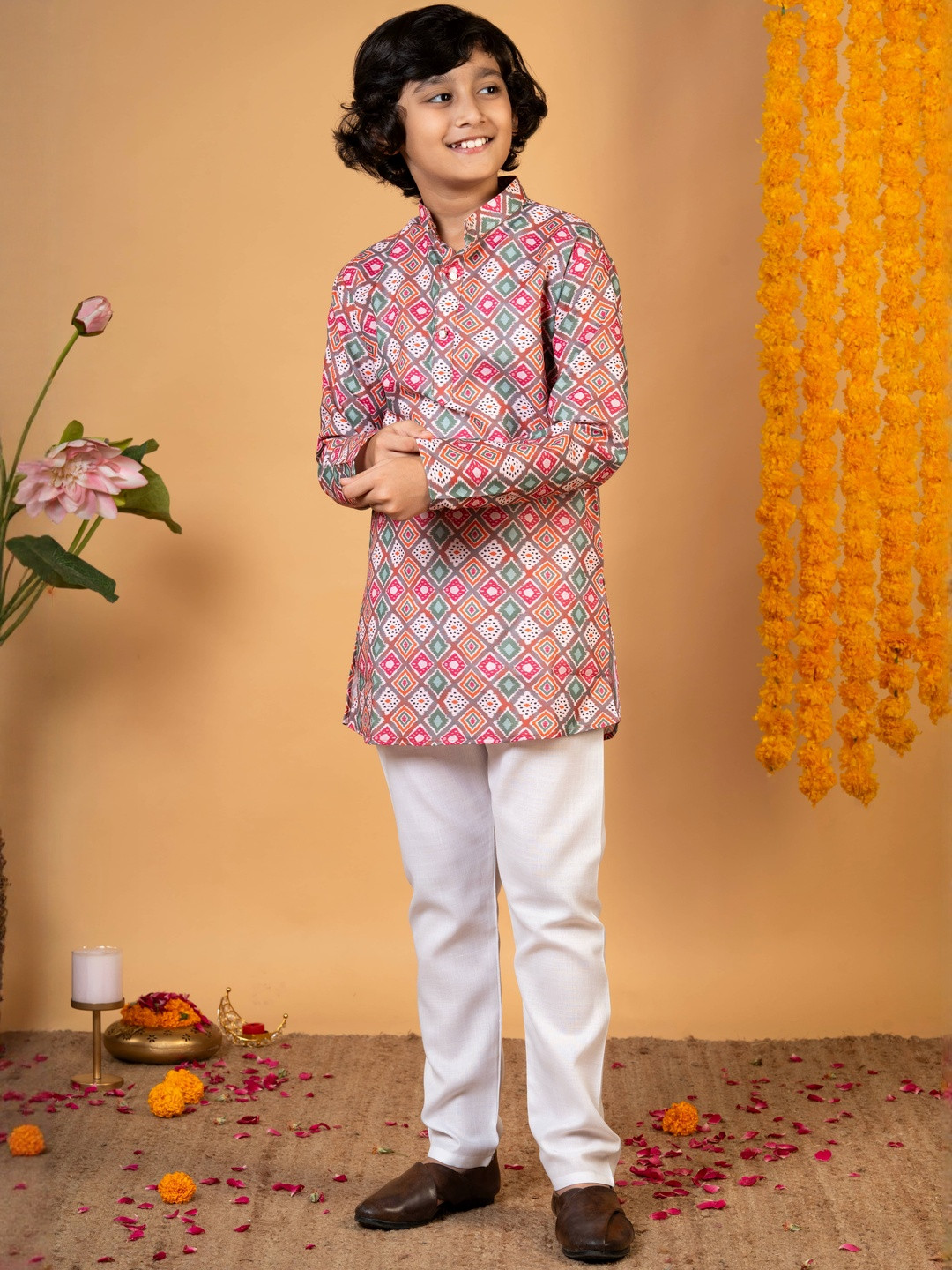 Sangria Boys Multicolor Cotton Diamond Motifs Printed Kurta with Pyjamas
