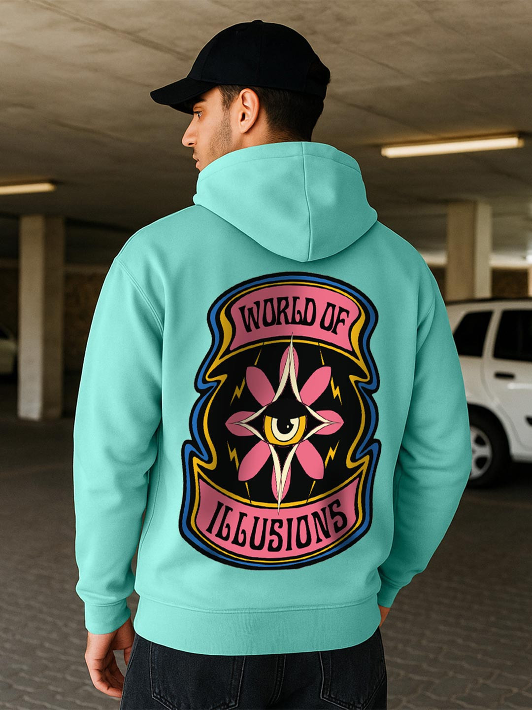 VEIRDO Men Green Graphic Printed Cotton Fleece Regular Fit Hooded Pullover Sweatshirt
