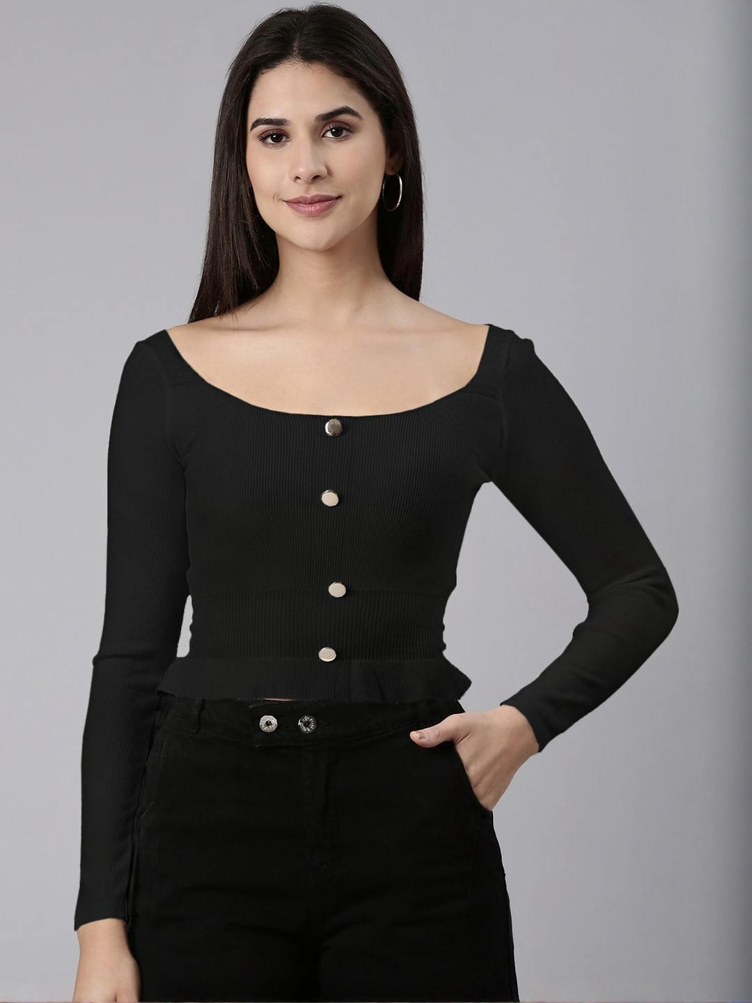 SHOWOFF Women Square Neck Ribbed Fitted Top With Ruffled Hemline
