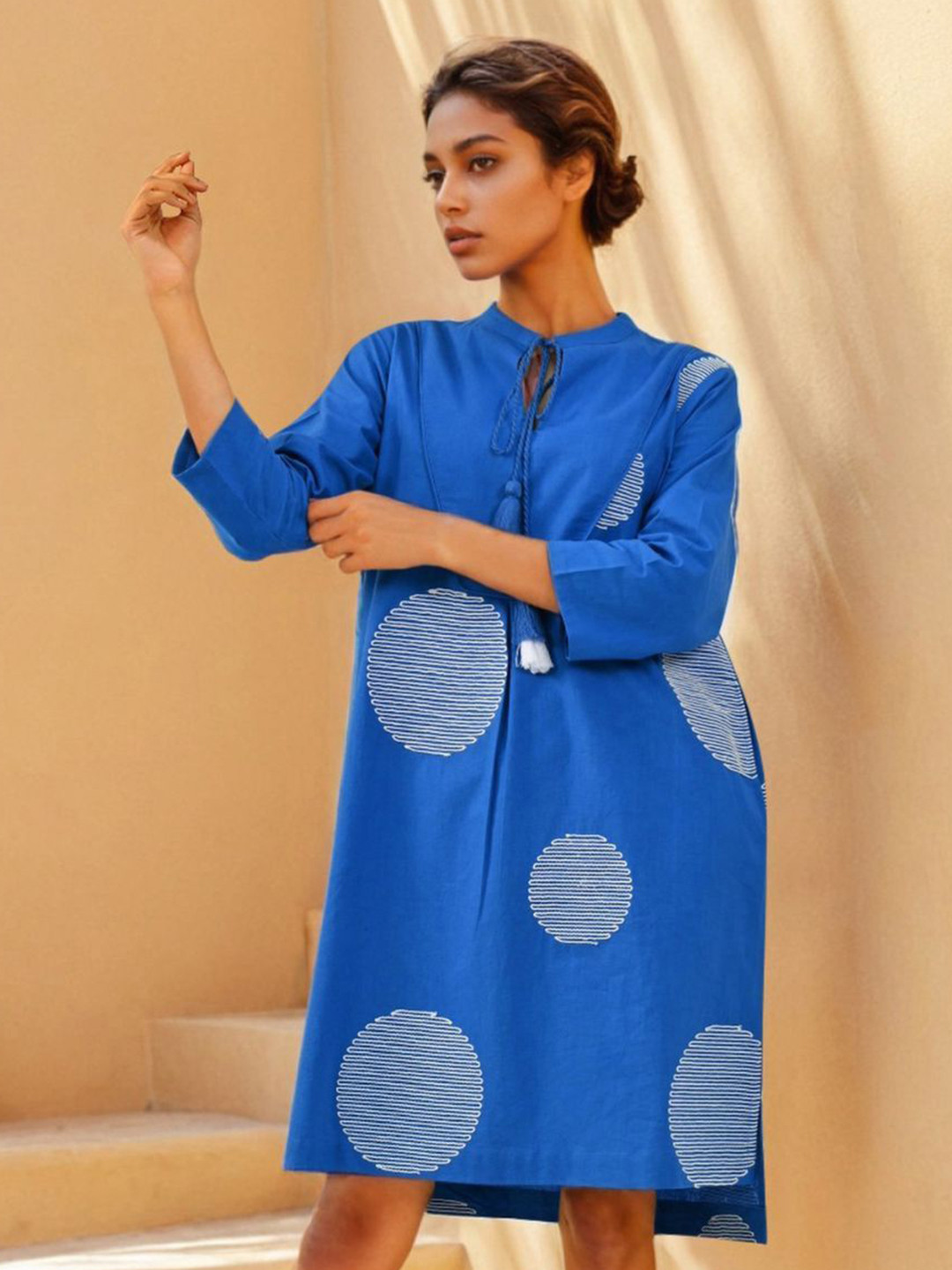 Kaftanize Women Cobalt Blue Circle Motif Tassel Embroidered A-Line Dress in Cotton Cambric