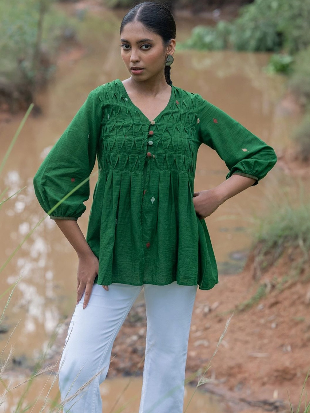 Sutra Art of Clothing Embroidered Bishop Sleeves Ethnic Cotton Top