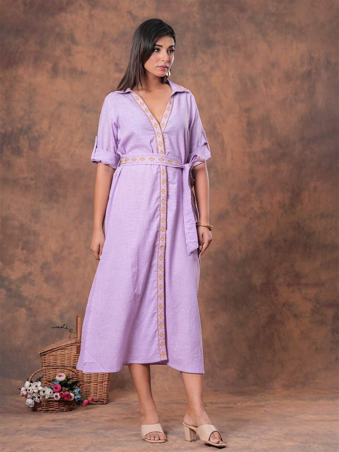 Sencei Embroidered Roll-Up Sleeves Shirt Midi Dress