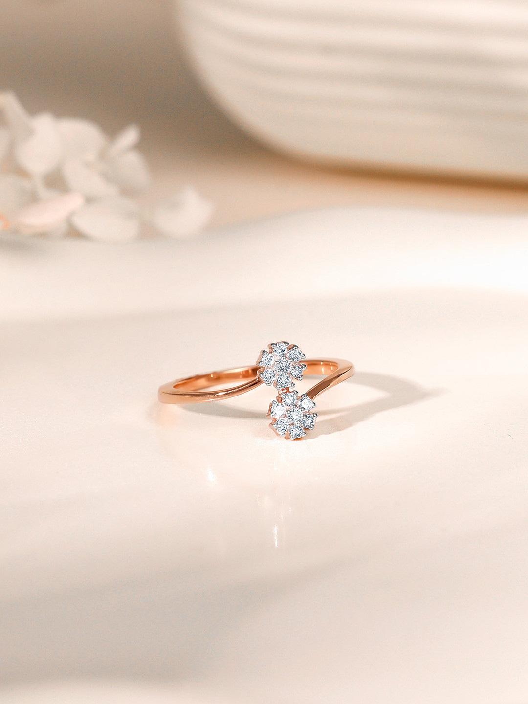 GIVA Women ?2.14 Gm Rose Gold Twain Bouquet Diamond 0.19 Kt Ring-1.738 gms