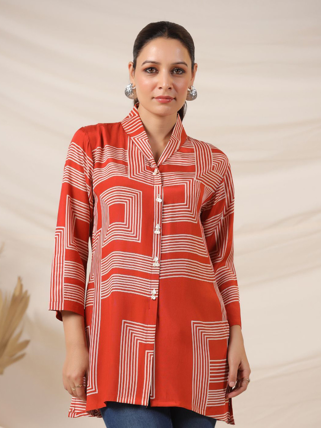 Kaftanize Women Rust & Cream Striped Abstract Button-Down Top in Russian Silk Tunic