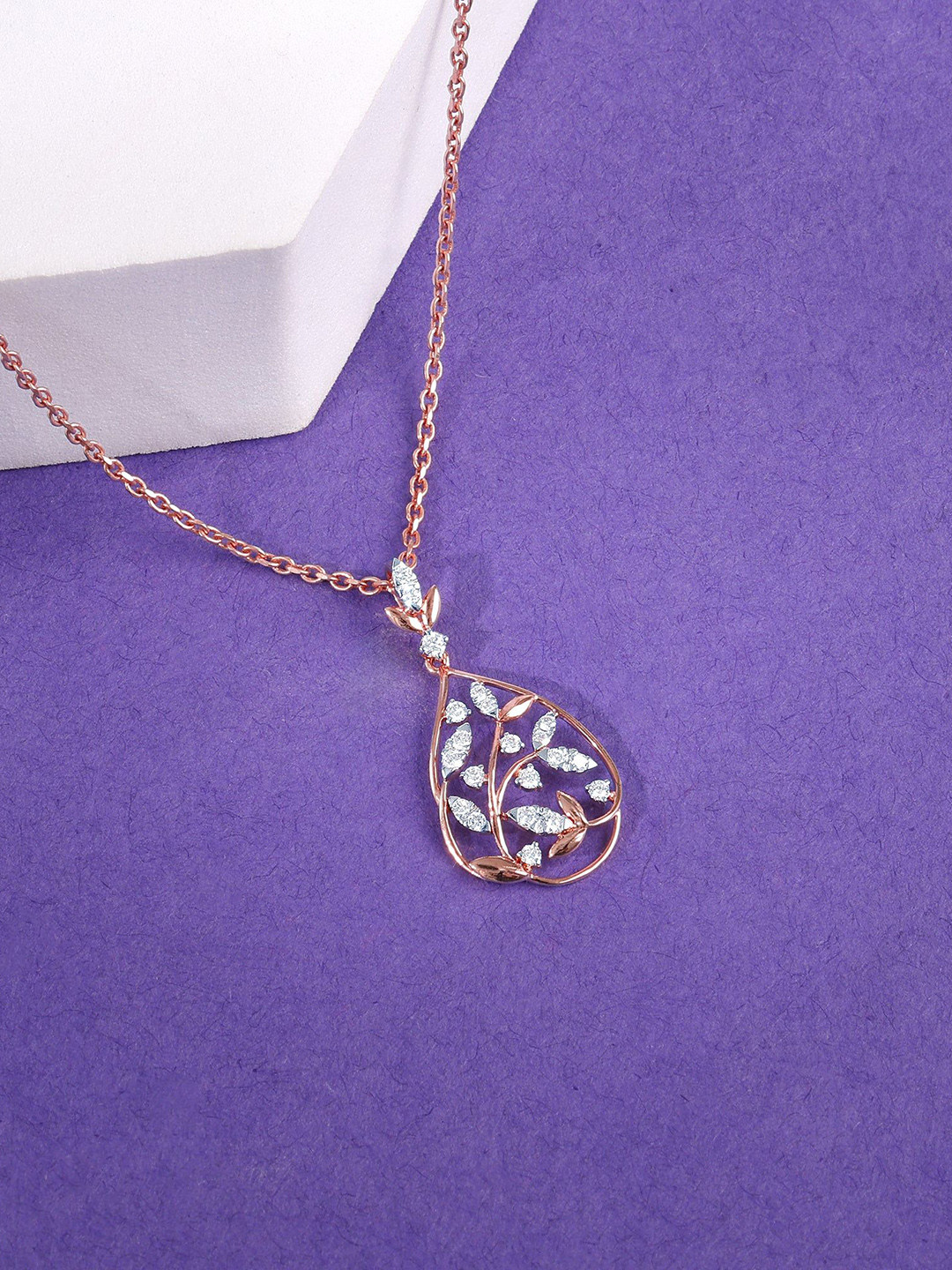 GIVA 18 KT Rose Gold Leafy Affair Diamond Pendant