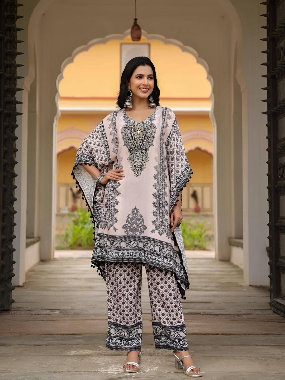 Kaftanize Women Regal Heritage Printed Mirror & Embellished Tunic With Palazzos