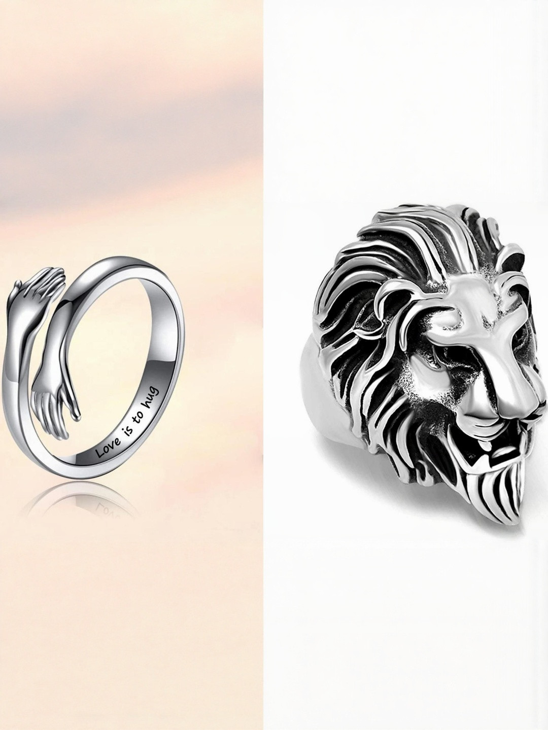 Teeragaj Set Of 2 Lion & Hug Adjustable Finger Rings