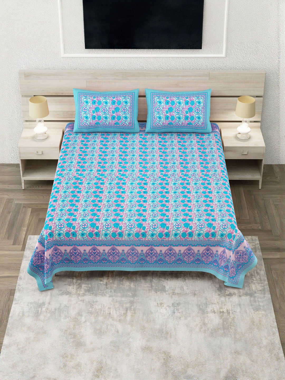 SP DESIGNS Blue & Pink Floral Pure Cotton 240 TC Super King Bedsheet Set-2.74 m X 2.74 m