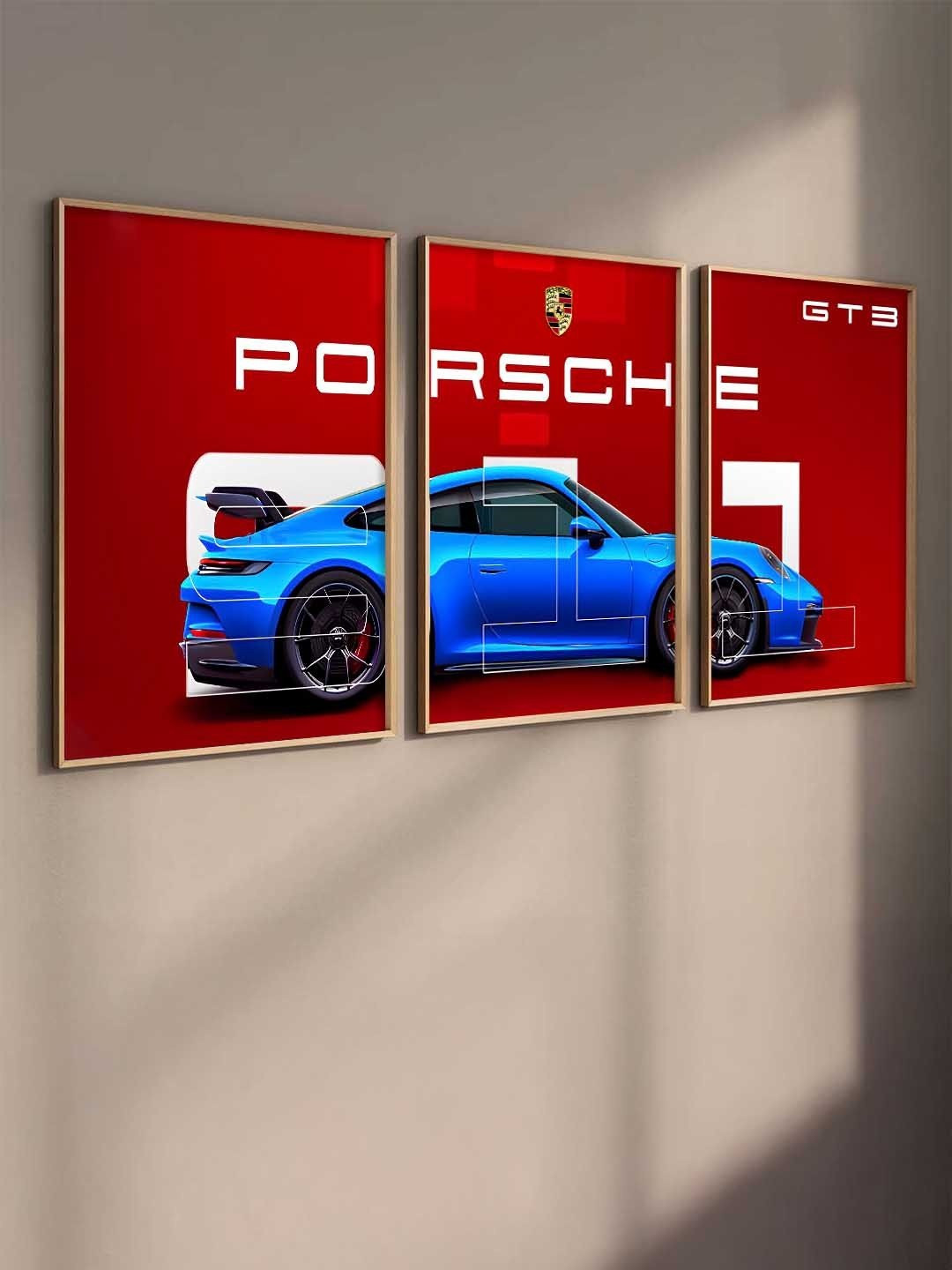 WALLLANE Red And Blue 3 Pieces Wooden Sports Car Framed Wall Photographs