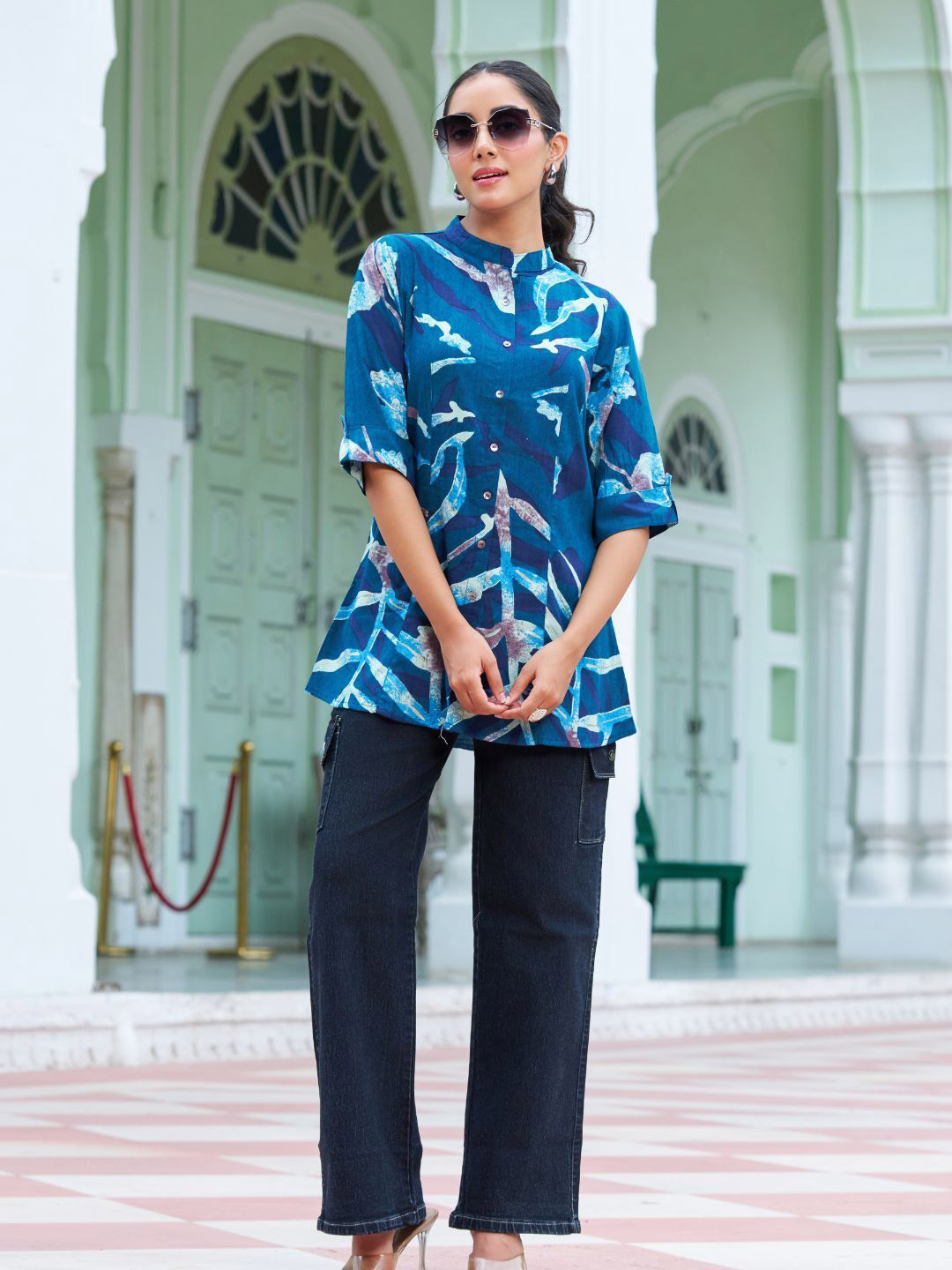 Kaftanize Women Blue Mandarin Collar Printed Rayon Tunic