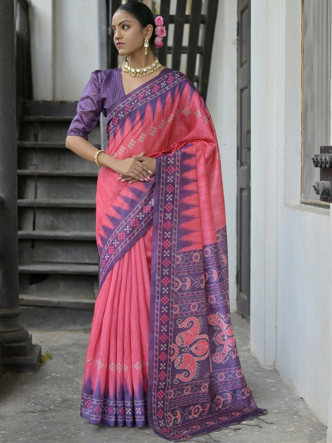 Peach Petals Art Silk Ikat Saree