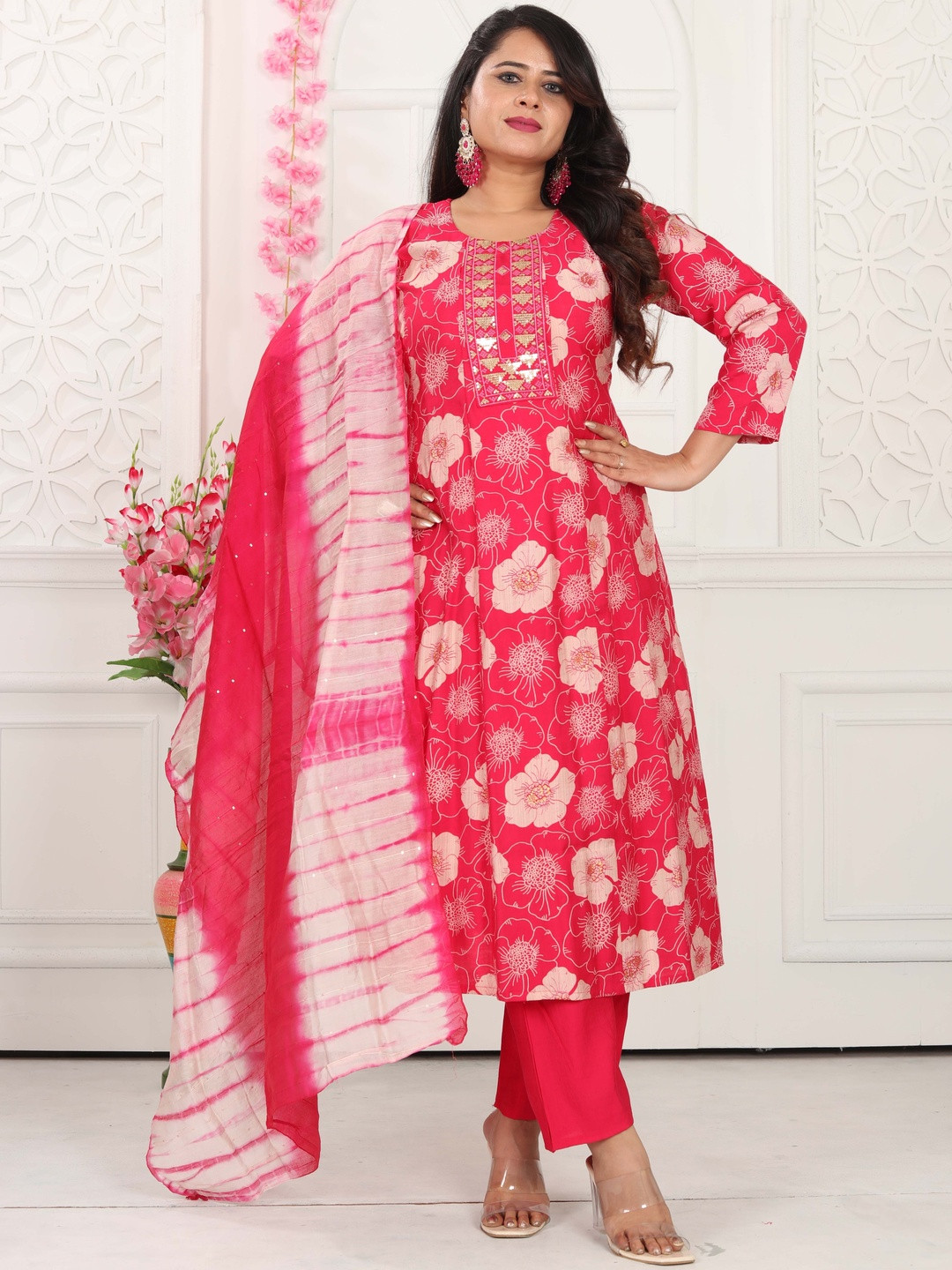 PickALook Floral Printed Panelled Cotton Silk A-Line Kurta With Trousers & Dupatta