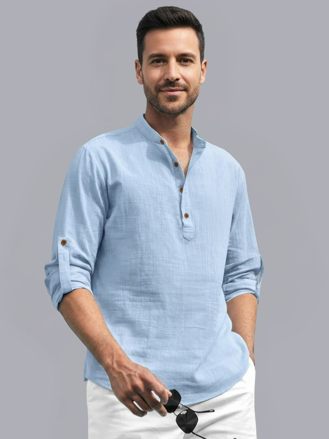 Zee Gold Men Mandarin Collar Roll-Up Sleeves Cotton Straight Kurta