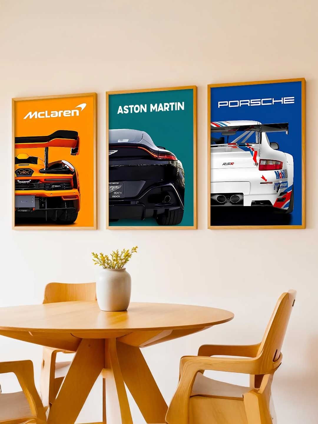 WALLLANE Yellow And Blue 3 Pieces Wooden Sports Car Framed Wall Photographs