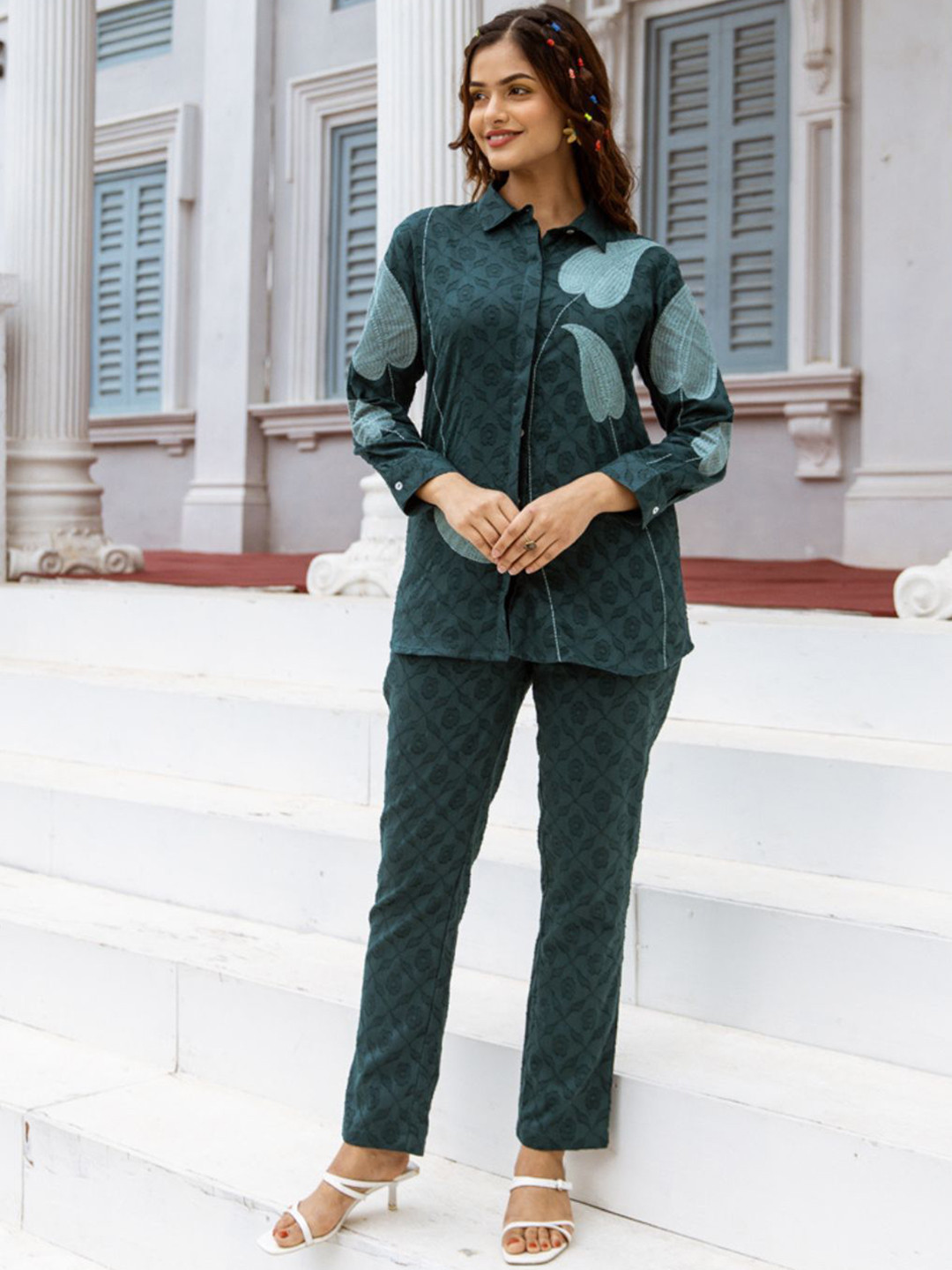 Kaftanize Floral Burnout Embroidered Shirt With Trouser