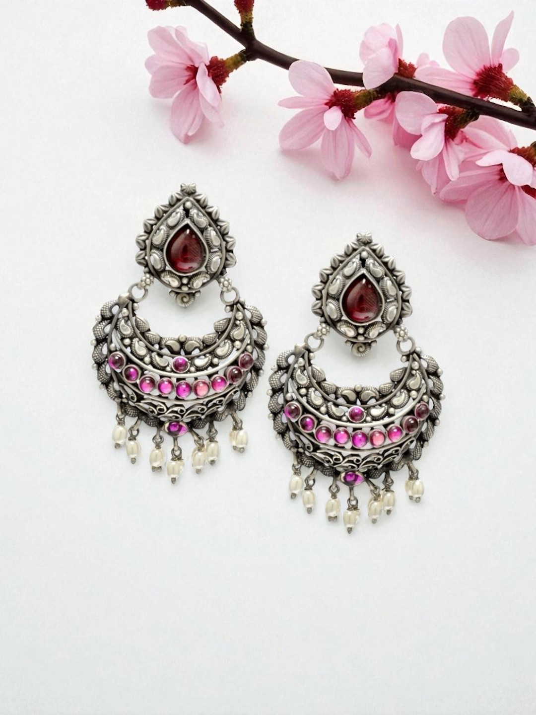 Azita 92.5 Sterling Silver Artificial Stones and Beads Crescent Shaped Chandbali Earrings