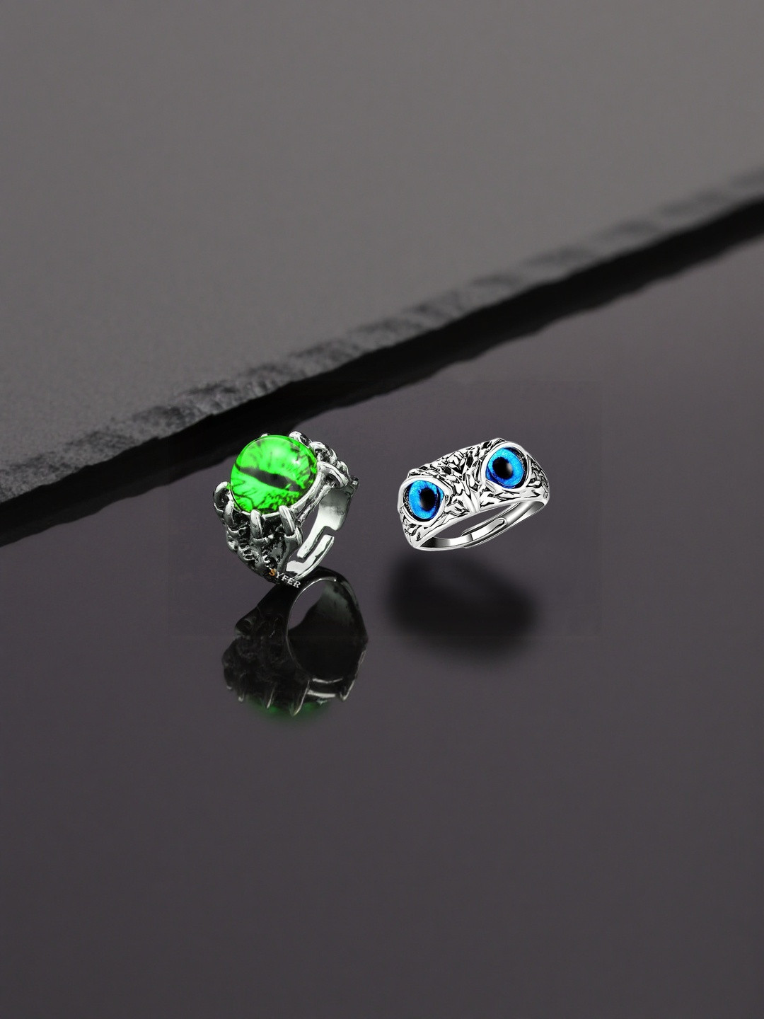 Teeragaj Unisex Set Of 2 Stainless Steel Stones Studded Owl & Evil Eye Finger Rings