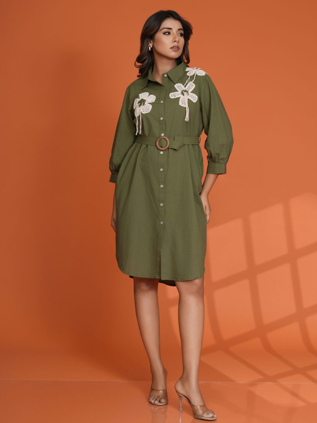 Kaftanize Olive Green Crochet Flower Patch Dress in Cotton Cambric