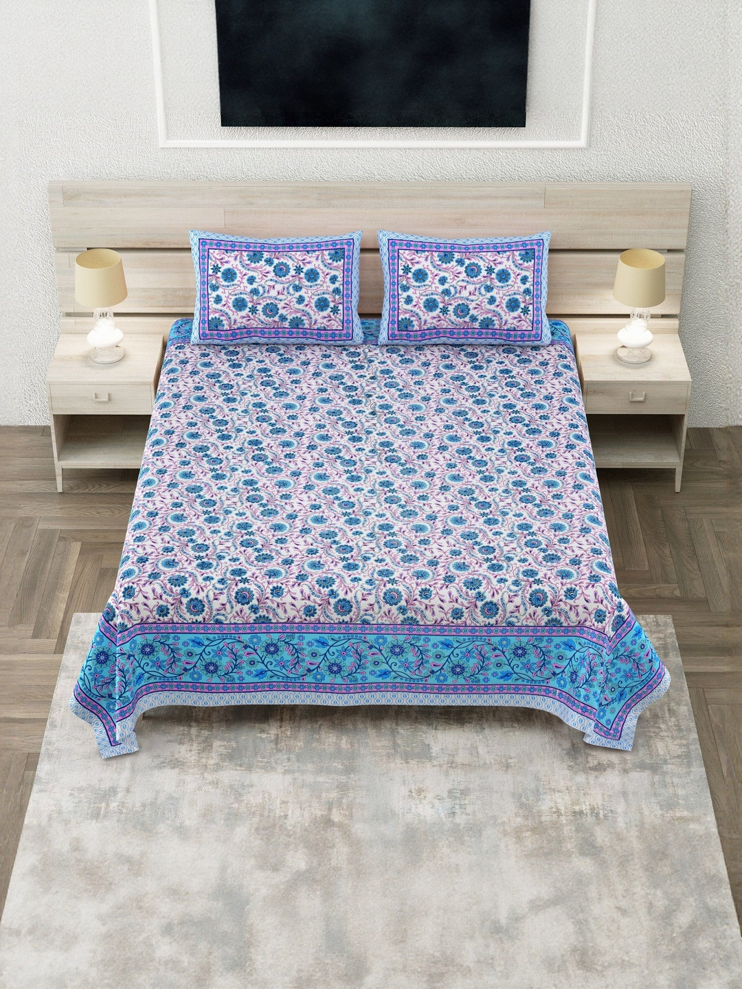 SP DESIGNS Blue & Pink Floral Pure Cotton 240 TC Super King Bedsheet Set-2.74 m X 2.74 m