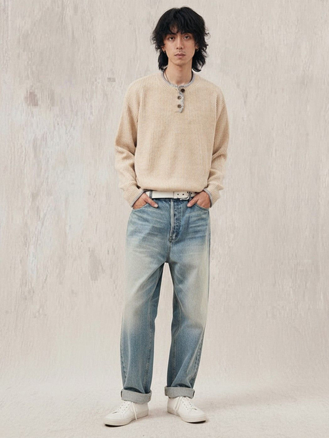 Mast & Harbour Men Ribbed Henley Neck Long Sleeves Pullover Sweater