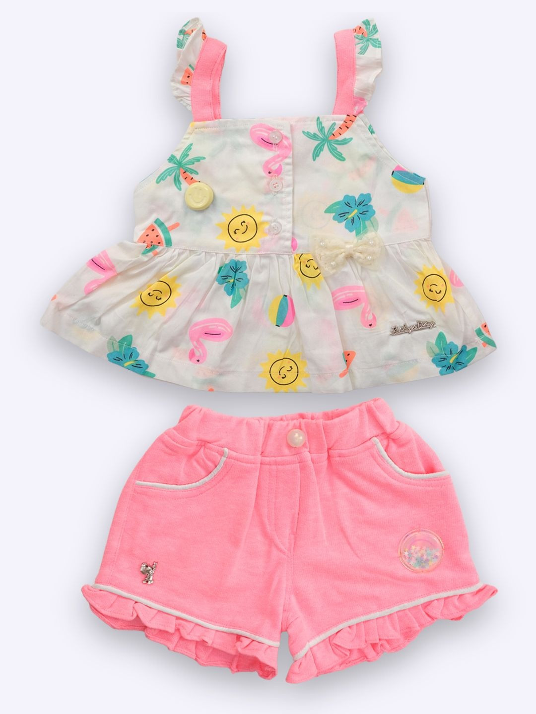 YK x Nice Kidz Girls Printed Shoulder Strap Pure Cotton Top with Shorts