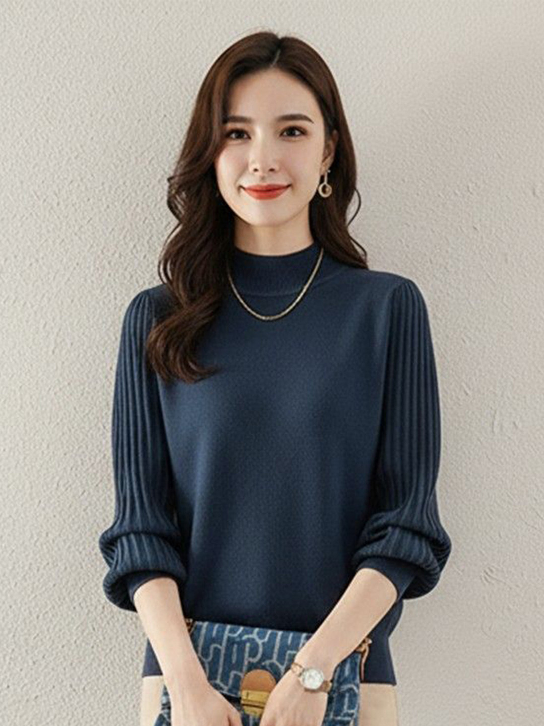 HERE&NOW Women Teal Solid Long Sleeve Turtle Neck Pullover