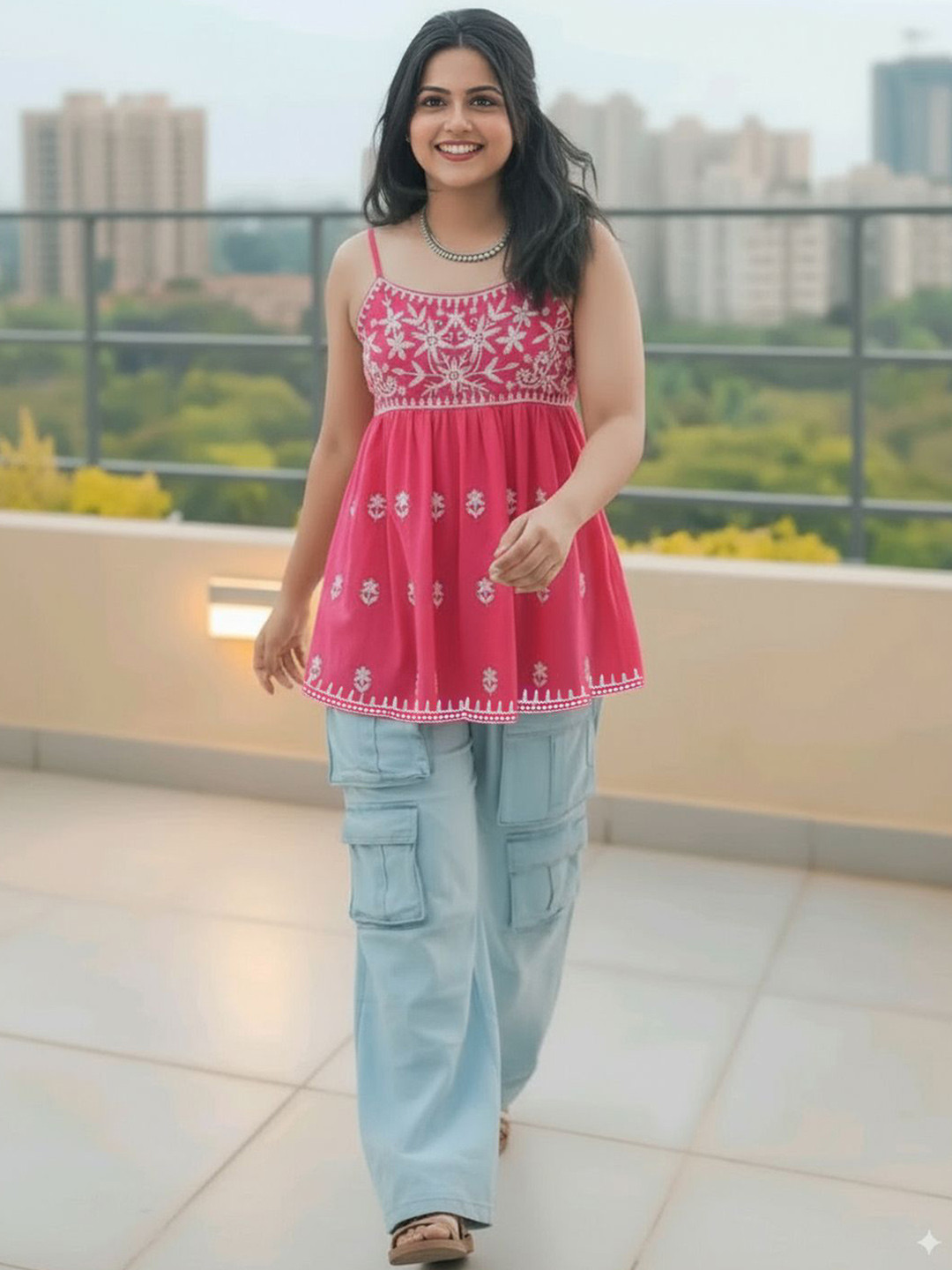 SZN Floral Embroidered Thread Work Shounder Straps A-Line Kurti