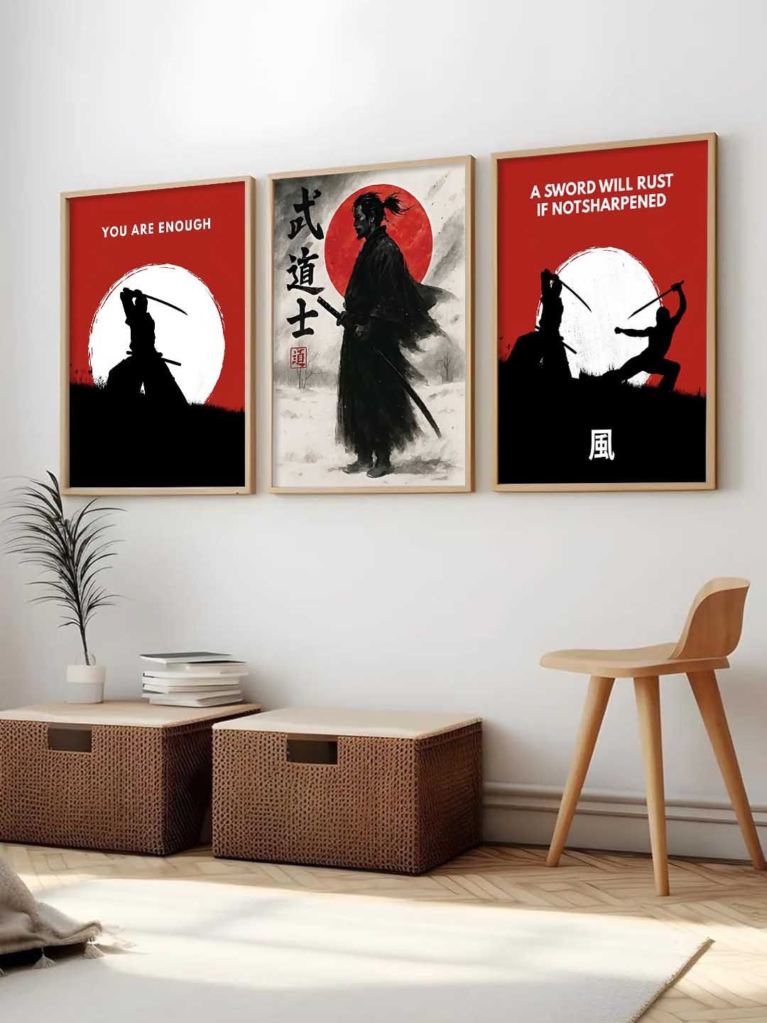 Kotart Brown & Red 3 Pieces Samurai Printed Wooden Wall Arts