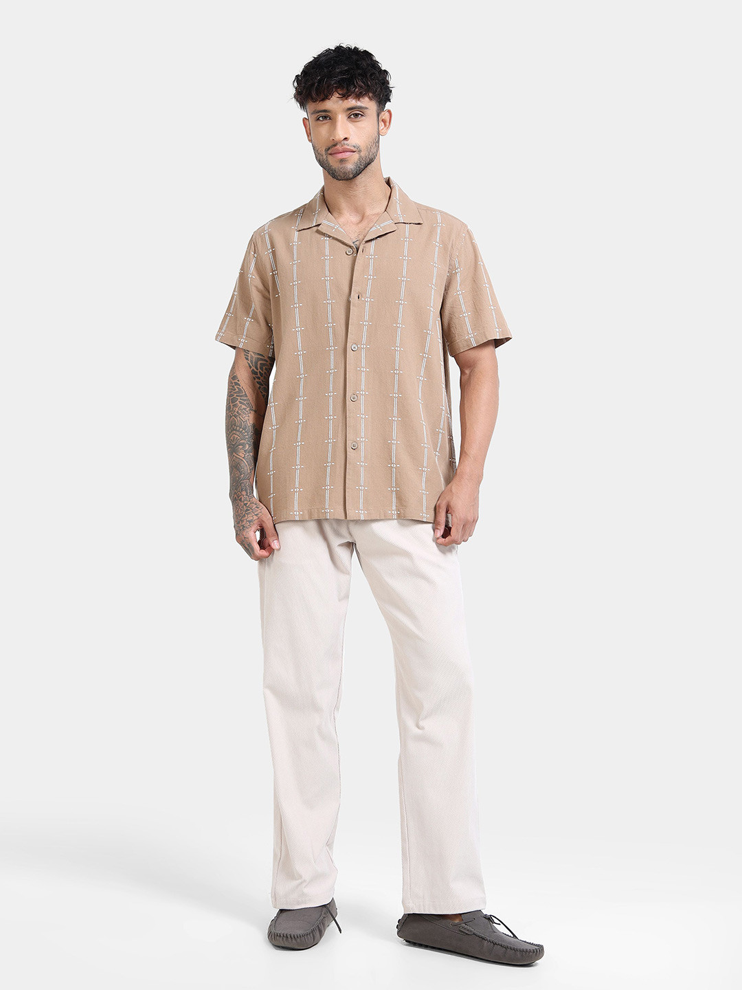 StitchX Men's Half Sleeve Dobby Textured Contrast-Stitch Shirt