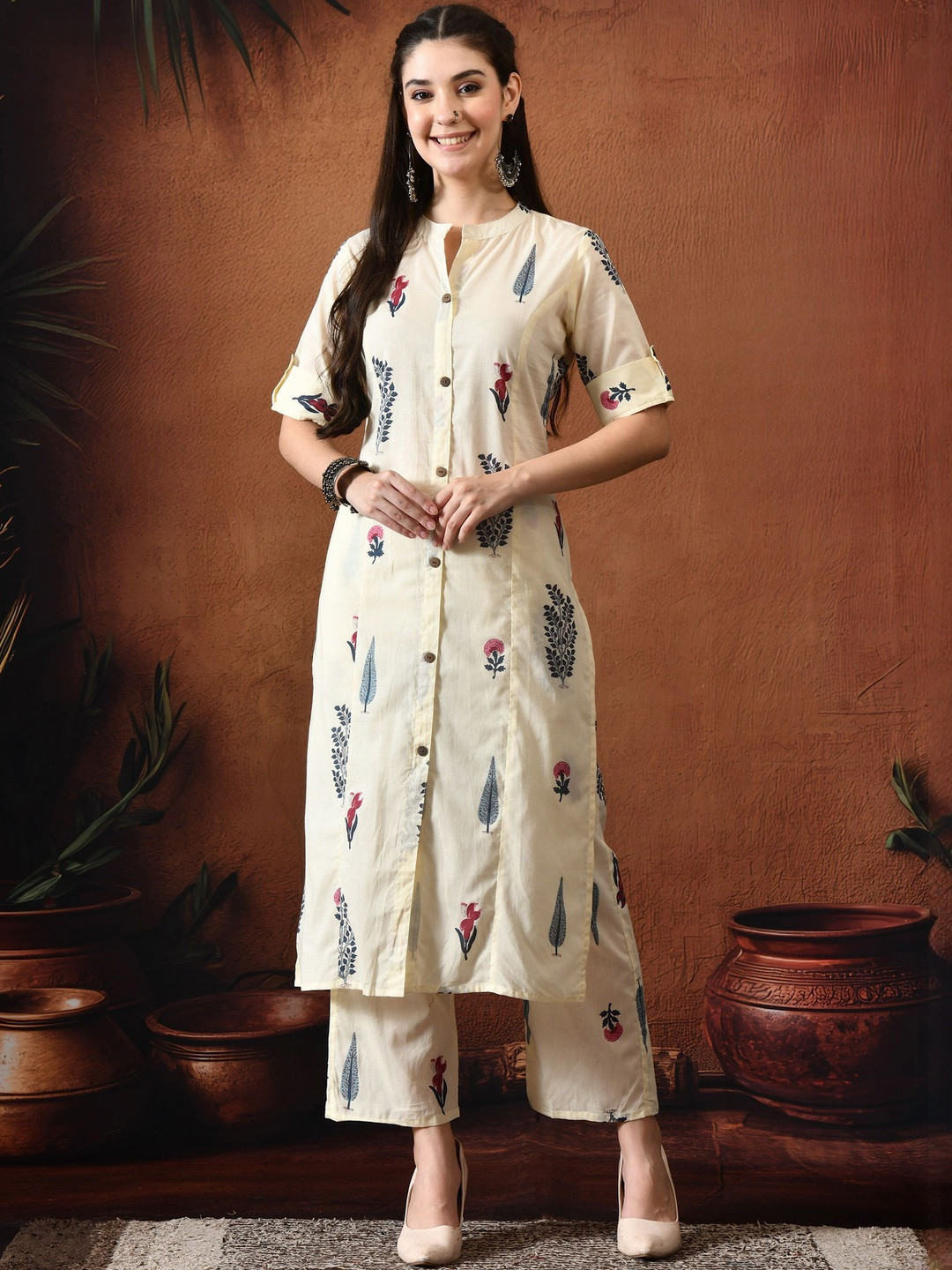 TRUVON FASHIONS Off-White Printed Tunic & Palazzo Co-Ords