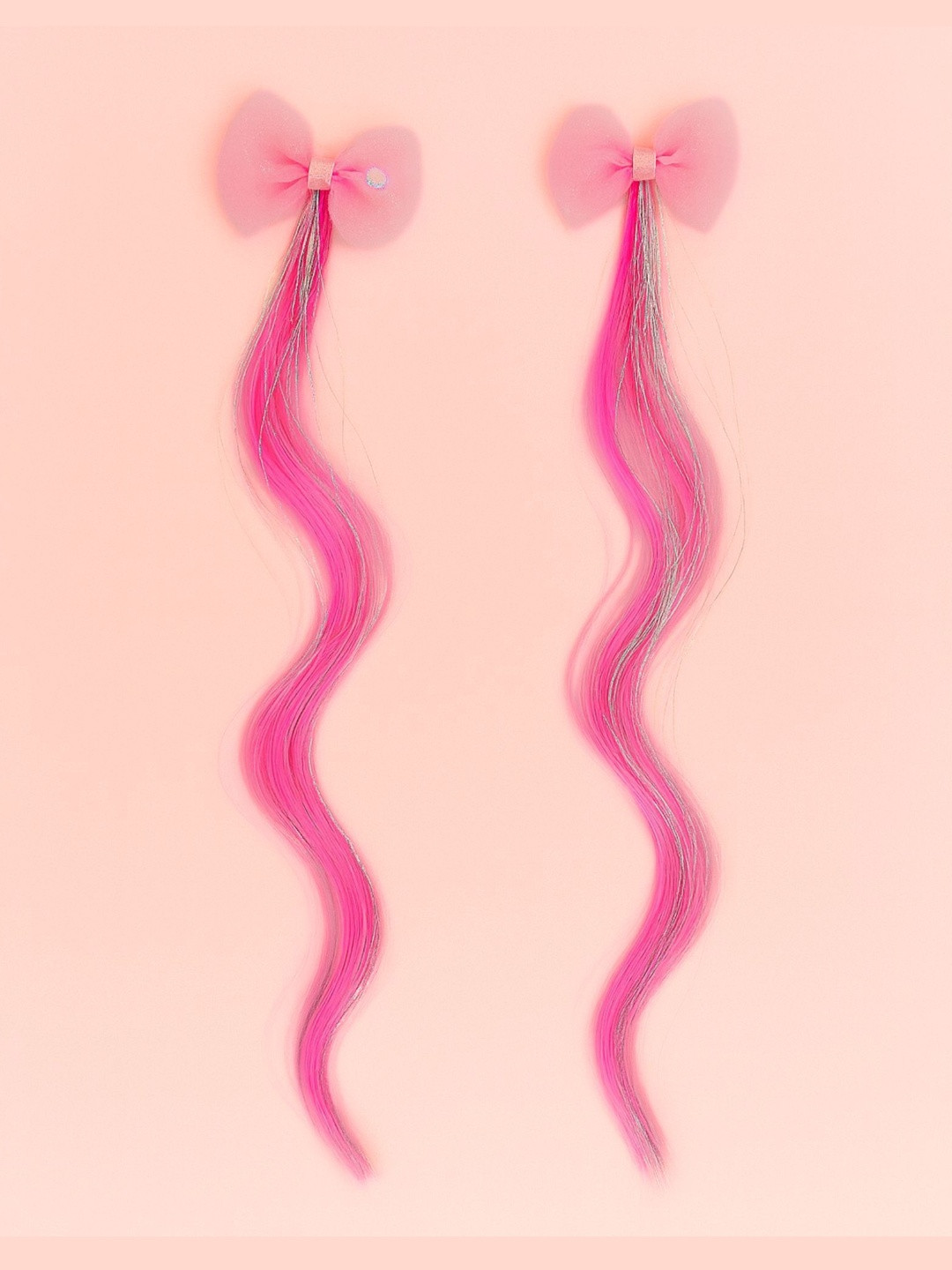 KNITROOT Girls Set Of 2 Clip In Straight Coloured Strand Hair Extension- Light Pink- 36 cm