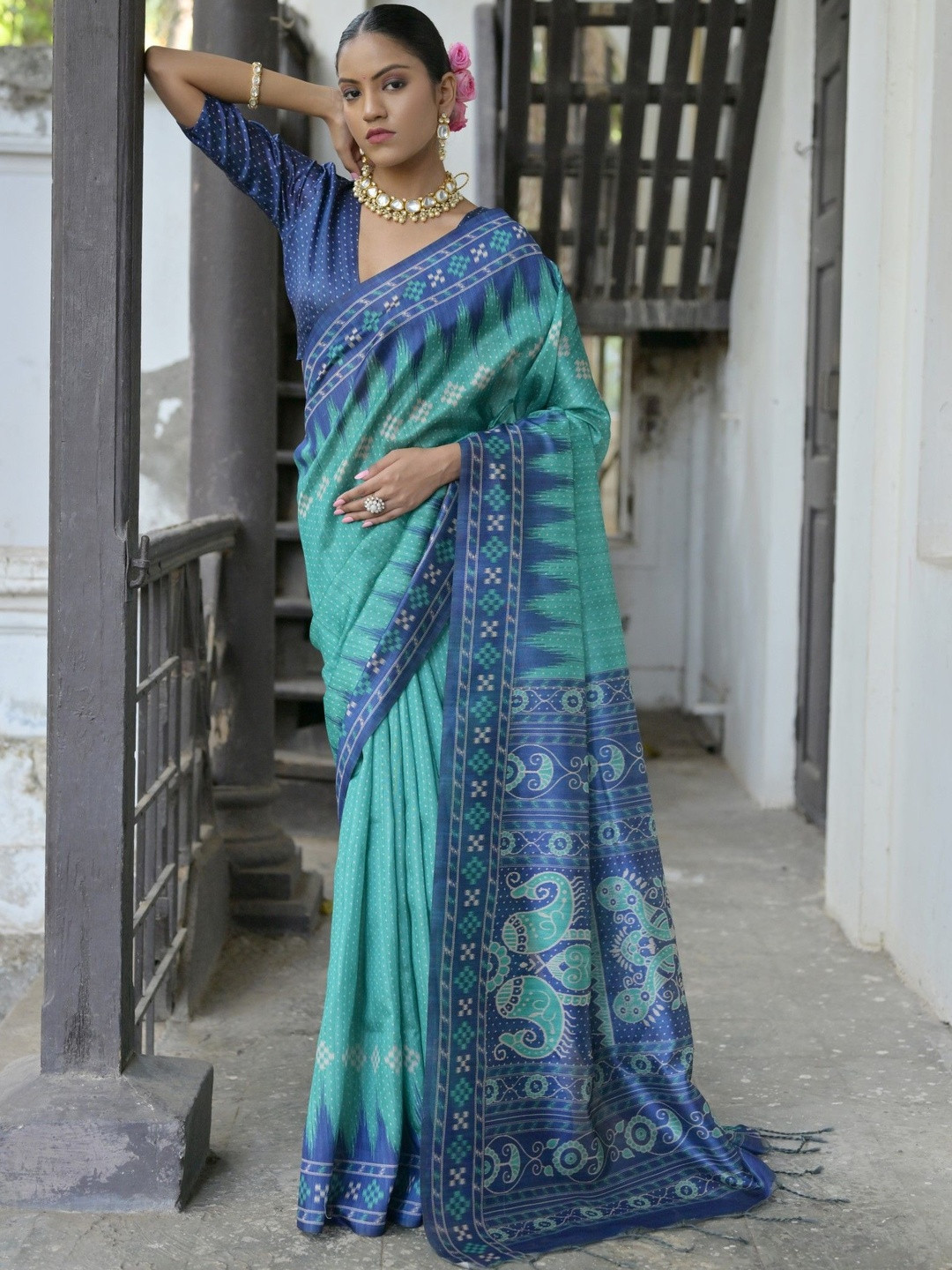 Peach Petals Art Silk Ikat Saree